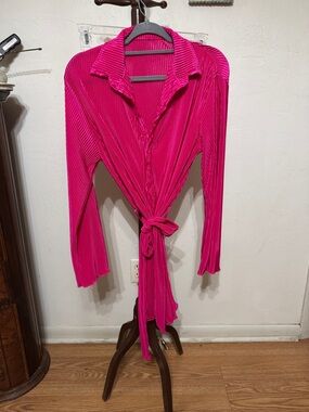 Women's Fuchsia Button-Front Twist Tie Top/mini dress